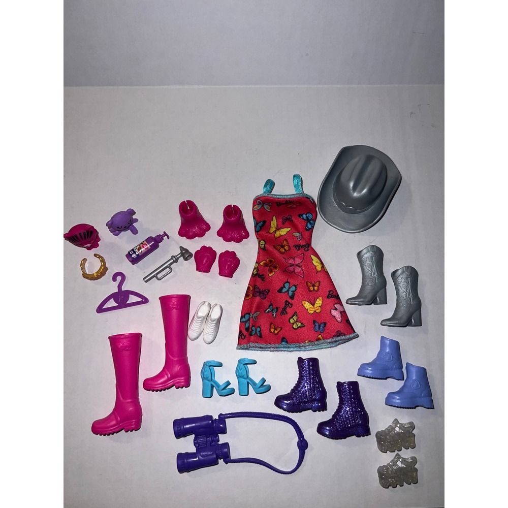 Barbie Doll Clothes and Accessories Lot Butterfly Dress Boots Shoes Cowboy Hat